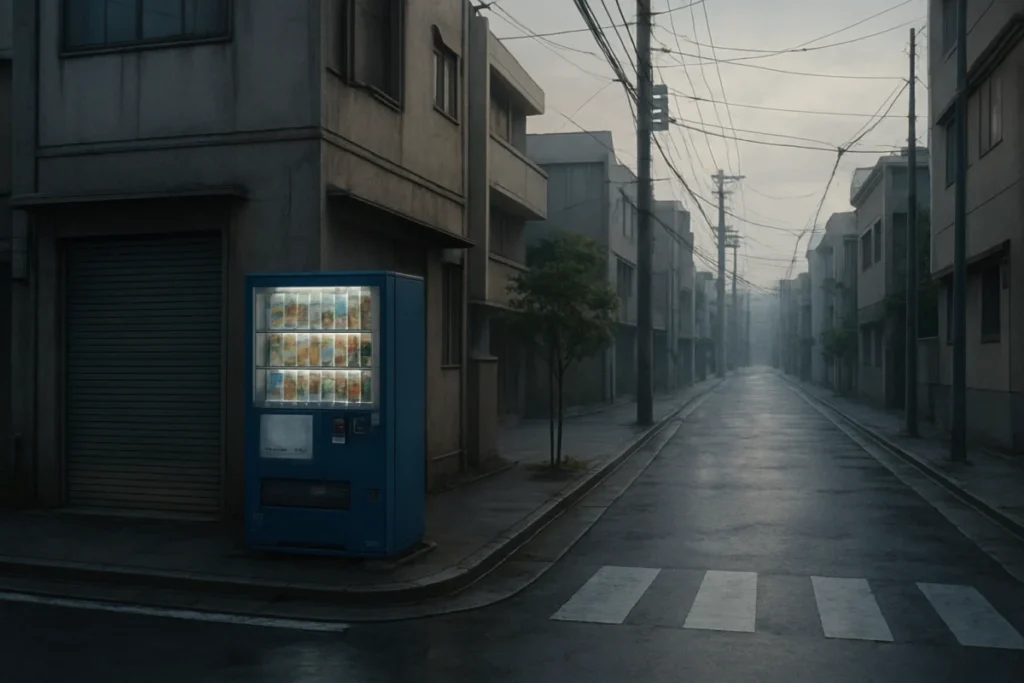 朝の街角に立つ自動販売機のガラスに映る曇り空と通りの様子