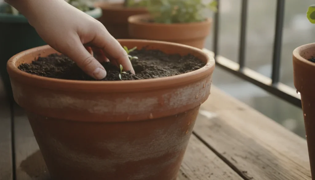 早朝のベランダで植木鉢の土に触れる手元