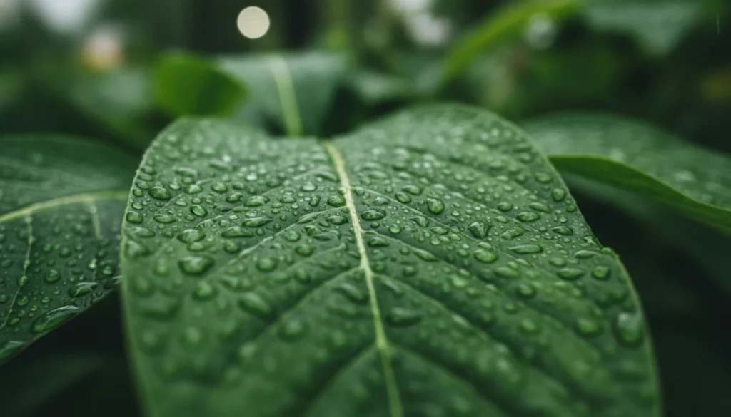 雨に濡れた庭の植物の葉脈に溜まる小さな水滴