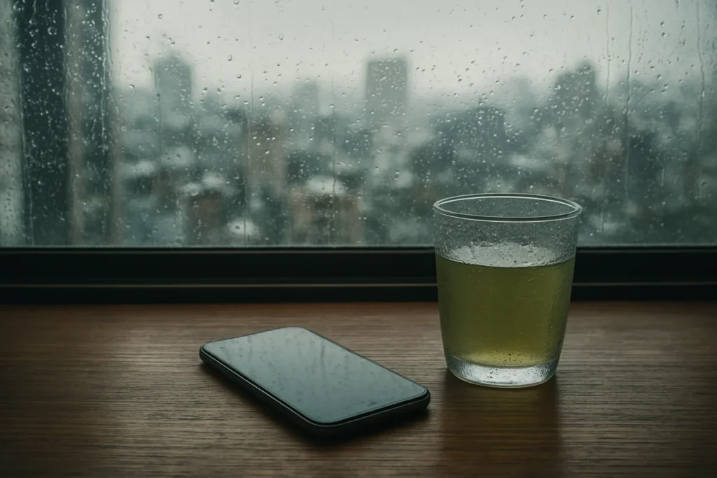 薄暗い雨の日のデスク、水滴のついた冷たいお茶のグラスとスマートフォンの静物