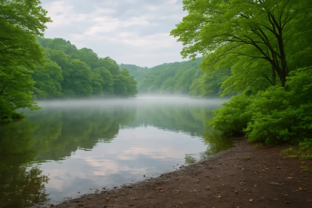 初夏の湖畔に広がる緑と水辺の静かな風景