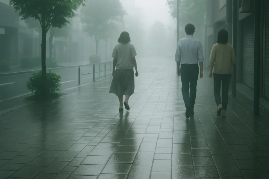 薄霧が立ちこめる午後の東京の歩道、濡れたタイルと見え隠れする人の足元