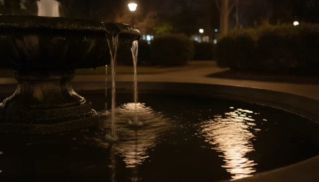 夜の公園にある小さな噴水と水面の反射