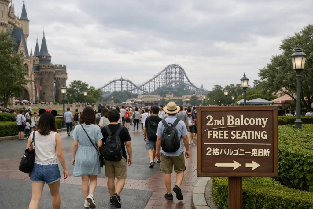 午後の東京ディズニーランド 園内の影と自由席化表示