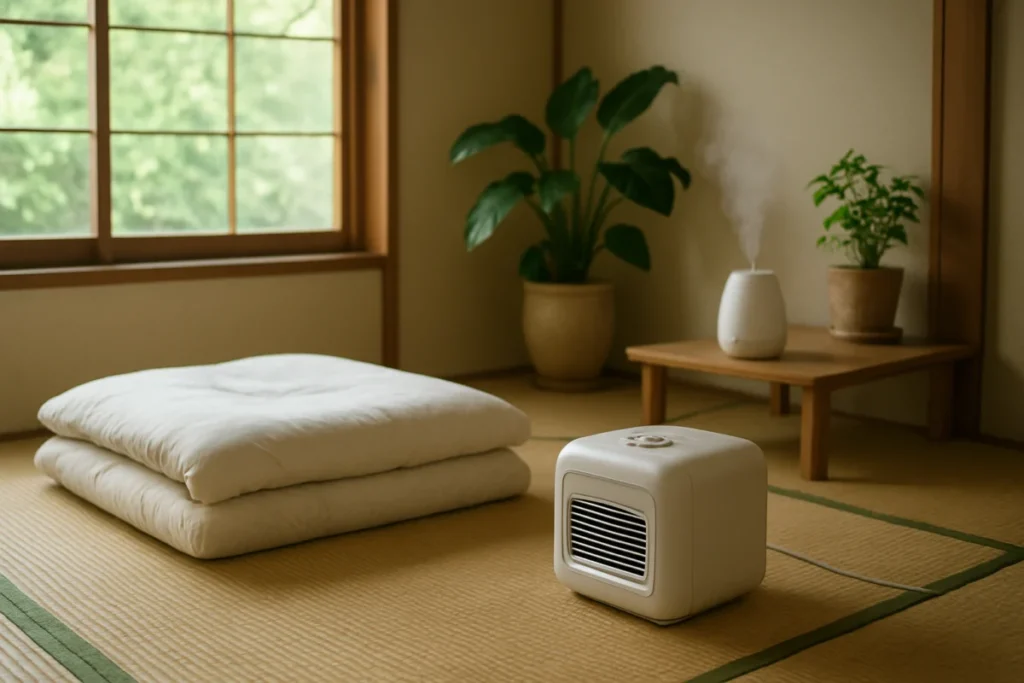ふとん乾燥機を使う居間の風景