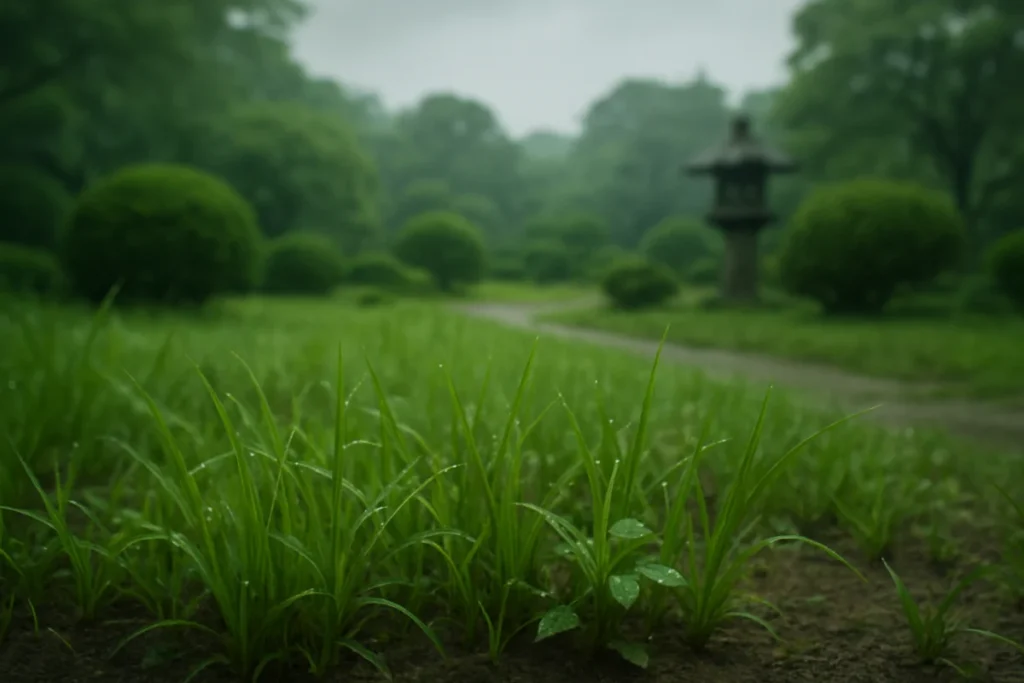 曇り空の朝、濡れていない庭先の草が朝露に光る様子