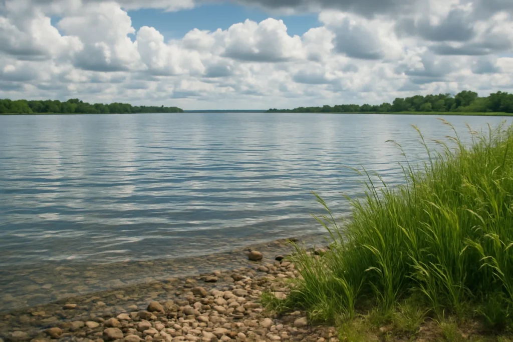 穏やかな曇り空の湖畔の風景、岸辺に小石と草が広がる