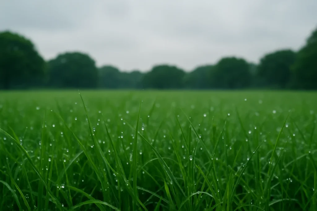 雨上がりの草むらに朝露が光る風景