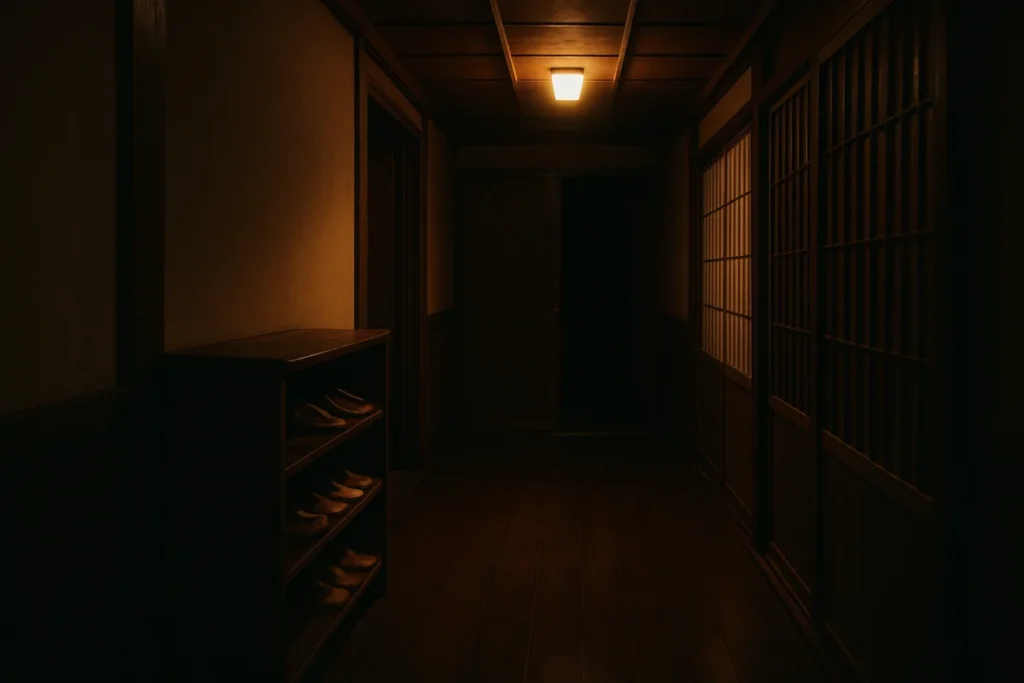 暗い廊下に灯る柔らかな電球の光と靴箱の風景