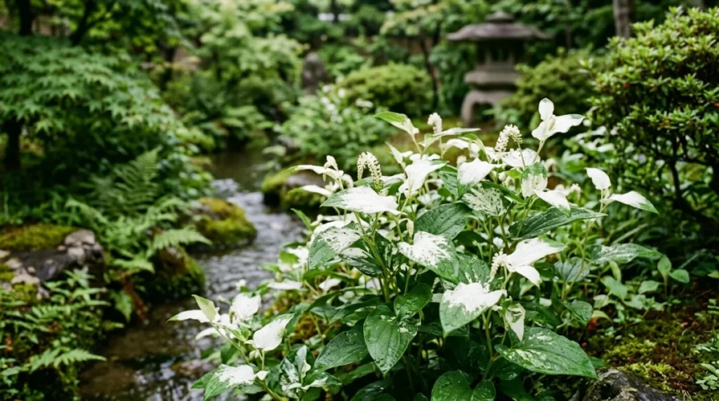 朝の光の中に佇む半夏生の白い葉