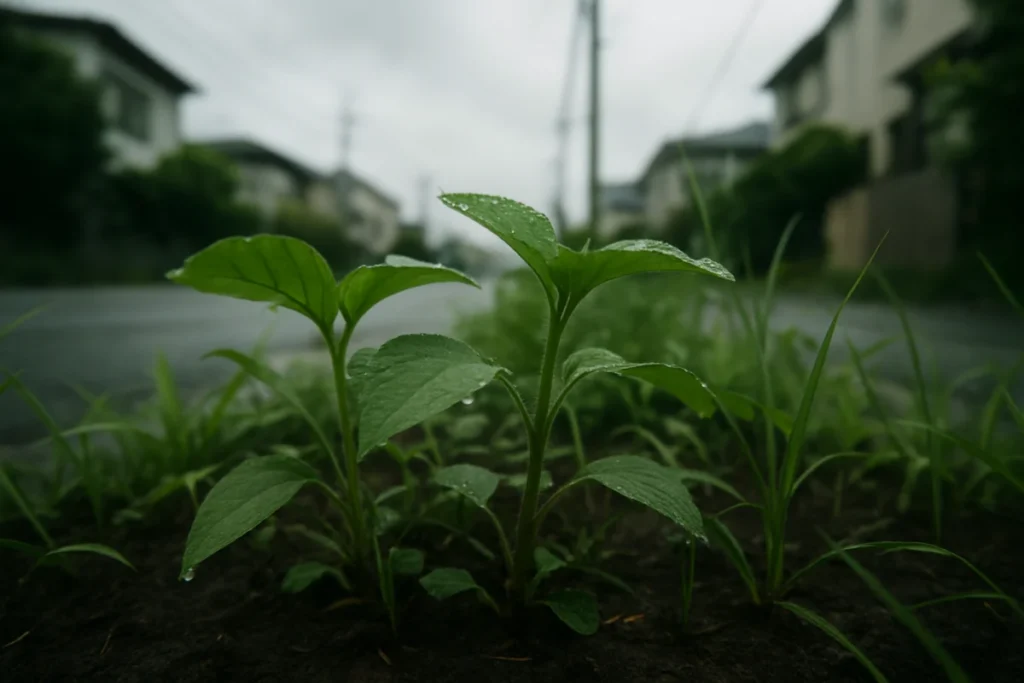 曇りの朝、葉の裏に朝露が残る低い植え込みをしゃがんで見る静かな情景