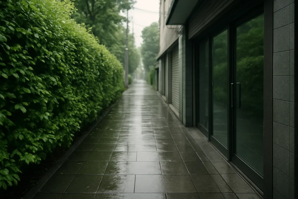 静かな曇り朝、街路の植え込みと濡れた歩道、ガラス戸越しの葉