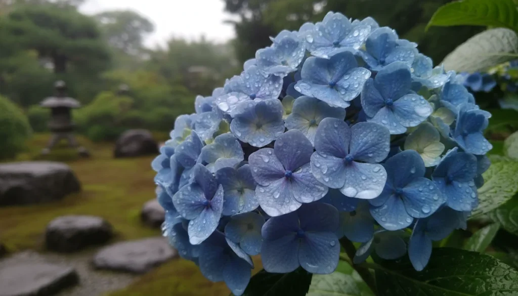 雨に濡れた紫陽花のクローズアップ