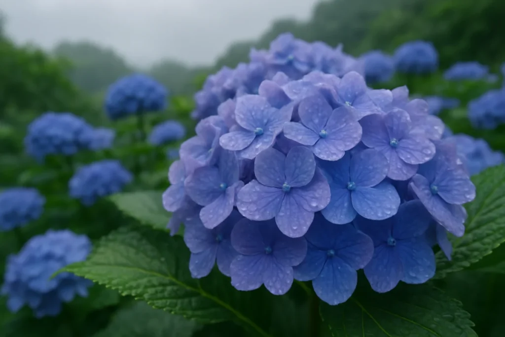 梅雨の朝に咲くあじさいの花のクローズアップ。曇り空の薄明かりの中で紫と青色がしっとりと輝いている。