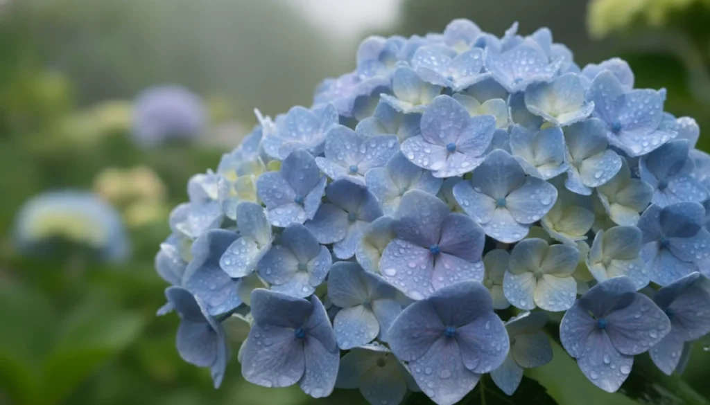 早朝の曇り空の下、瑞々しい朝露を纏った青いアジサイの花房