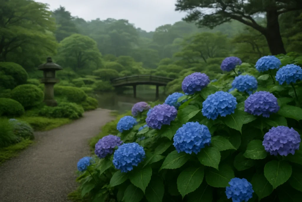 朝の曇り空の下、庭先に咲く紫陽花とその葉に残る水滴