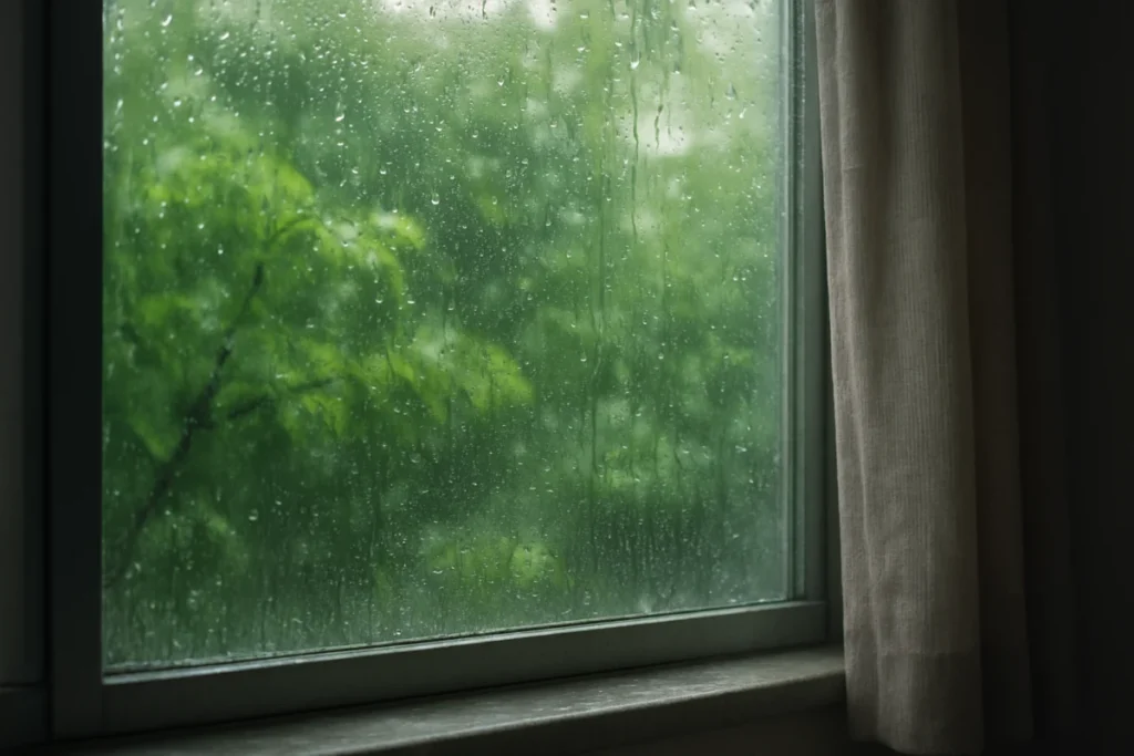 雨の日の窓辺に映る緑の葉と室内の湿気を感じる様子
