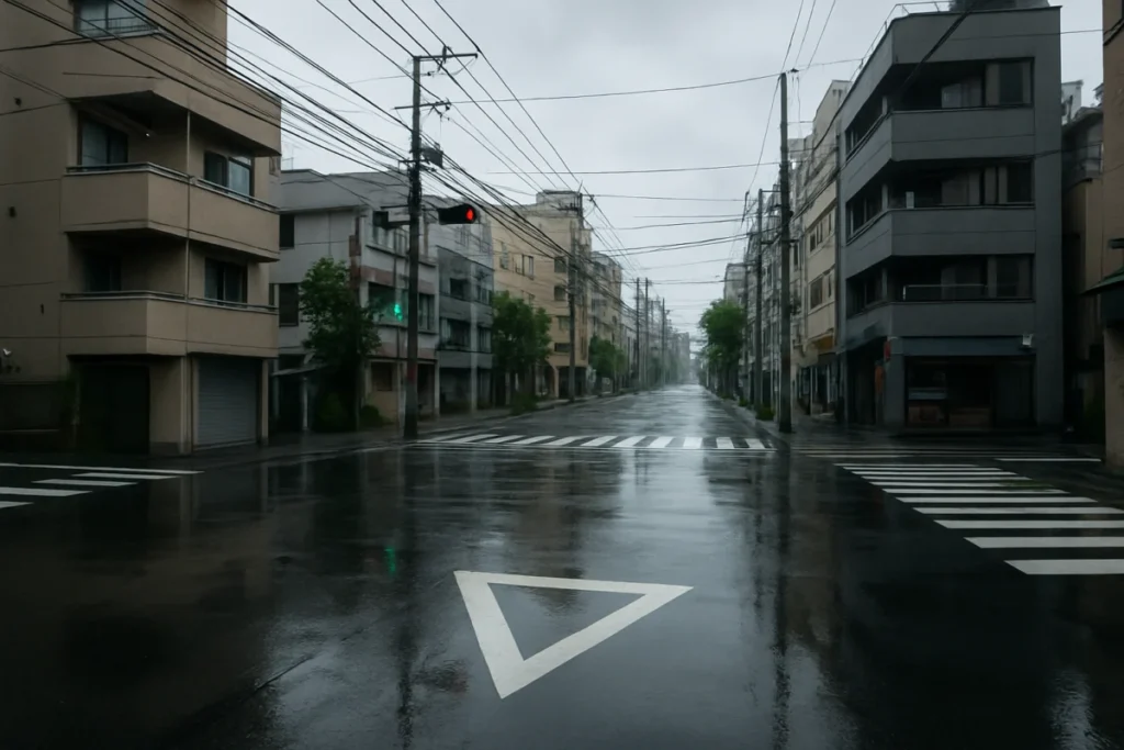 雨上がりの曇った交差点、路面に白い逆三角形のマークが見える風景