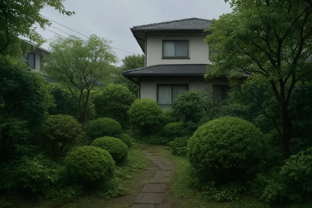 静かな住宅庭の朝、曇り空の下で草木が落ち着いた緑を見せている様子
