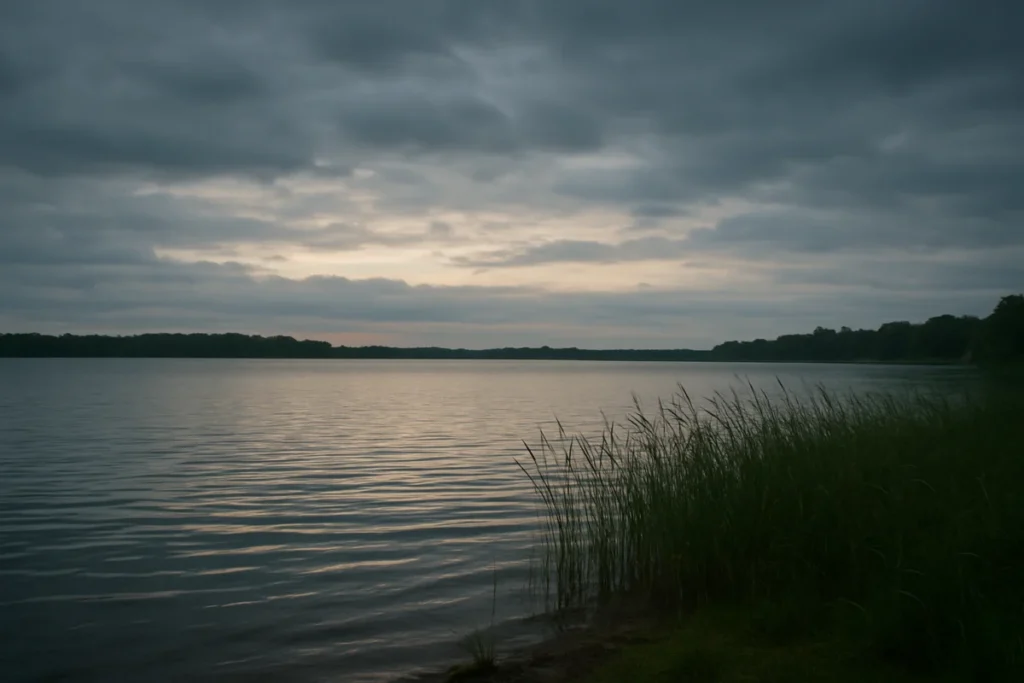 薄曇りの初夏の夕暮れ時の湖畔、水面に小さな波紋が広がっている様子