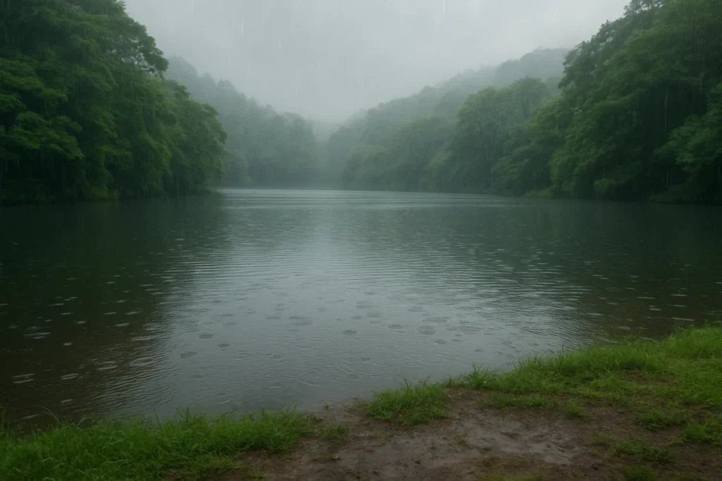 雨粒が落ちて波紋を広げる湖畔の風景、濃い緑の木々と曇天の空
