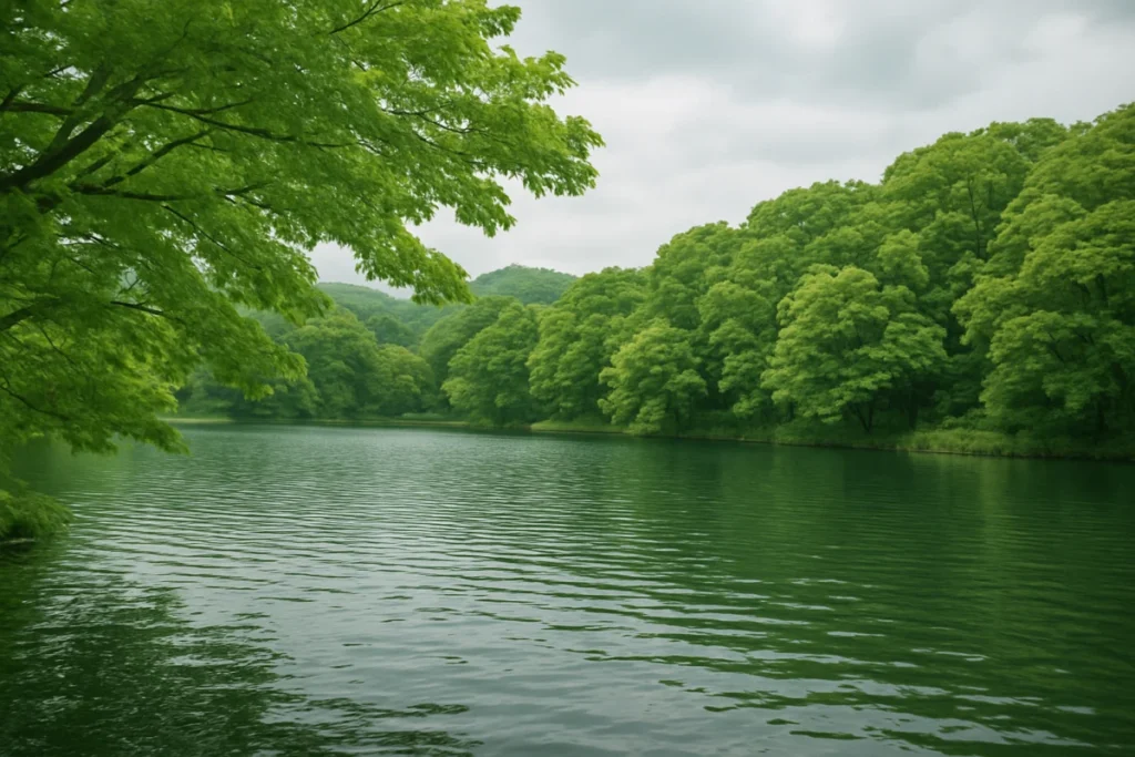 初夏の午後の湖畔、静かな水面と緑に包まれた風景