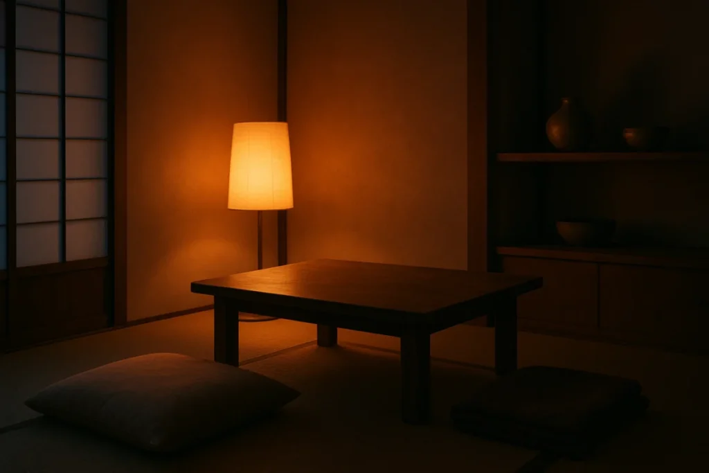 夕暮れ時、淡い橙色の灯りに照らされた和風の居間の一角