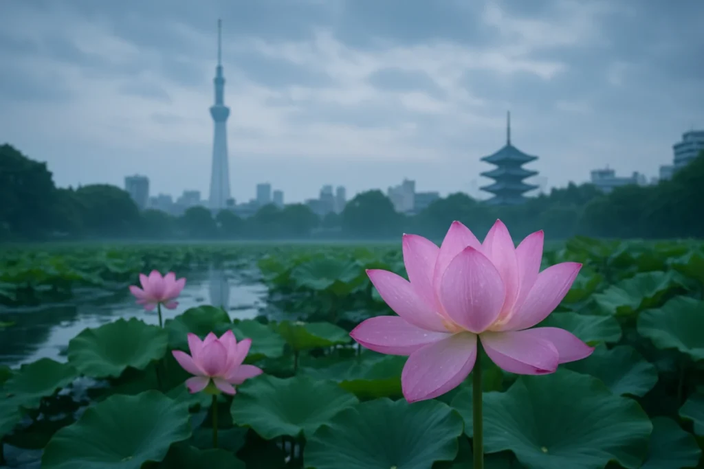 蓮の花が咲く静かな朝の風景