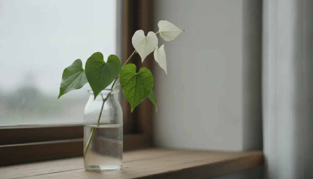 白い葉先が混じる半夏生の緑色の葉が、室内の柔らかな朝の光を受けている様子。
