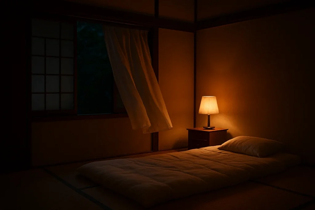 寝室の明かりがほのかに灯る夜の室内風景
