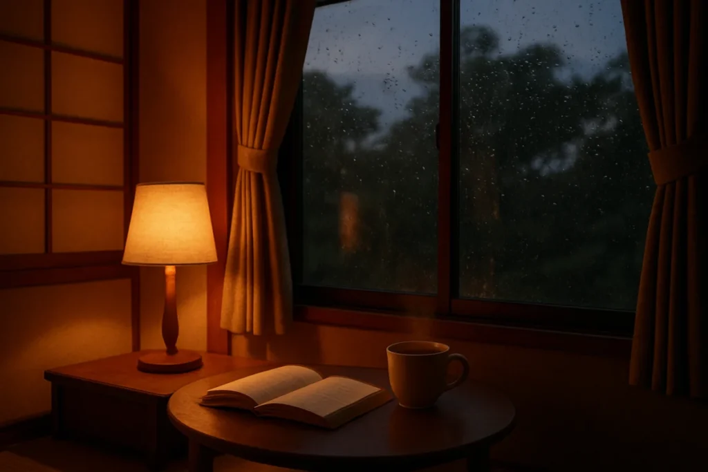 A cozy indoor scene during dusk with soft lighting and raindrops on the window