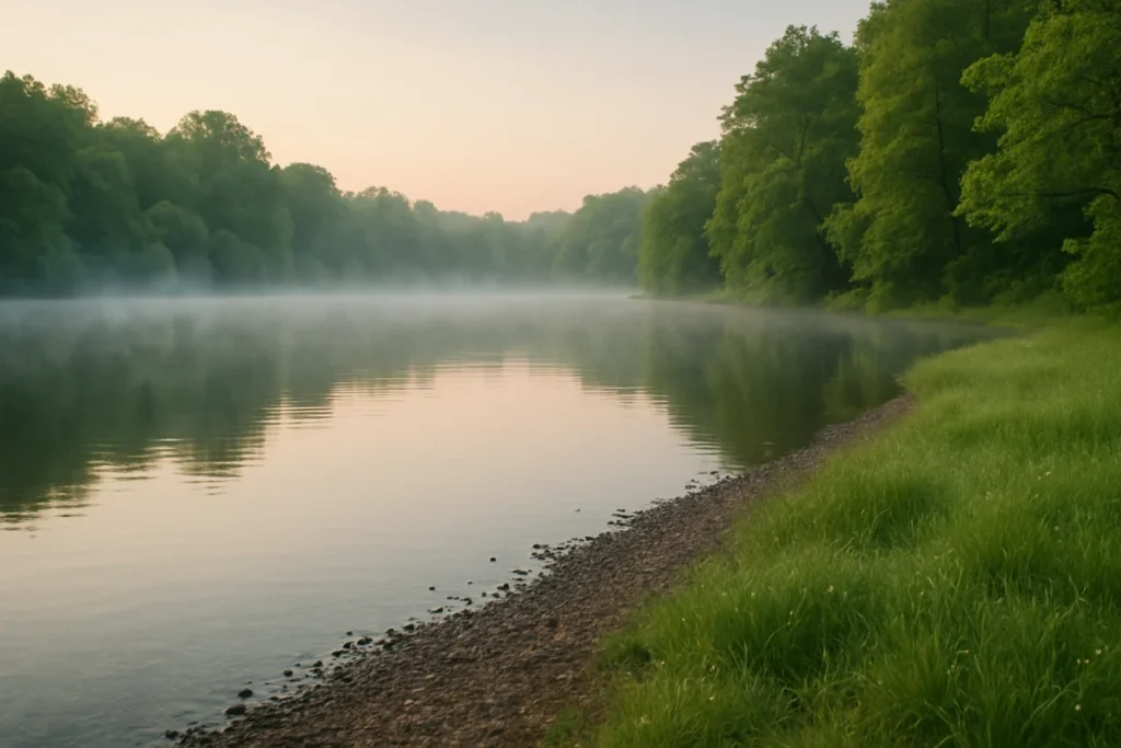 静かな湖畔の早朝の風景、穏やかな水面と周囲の緑