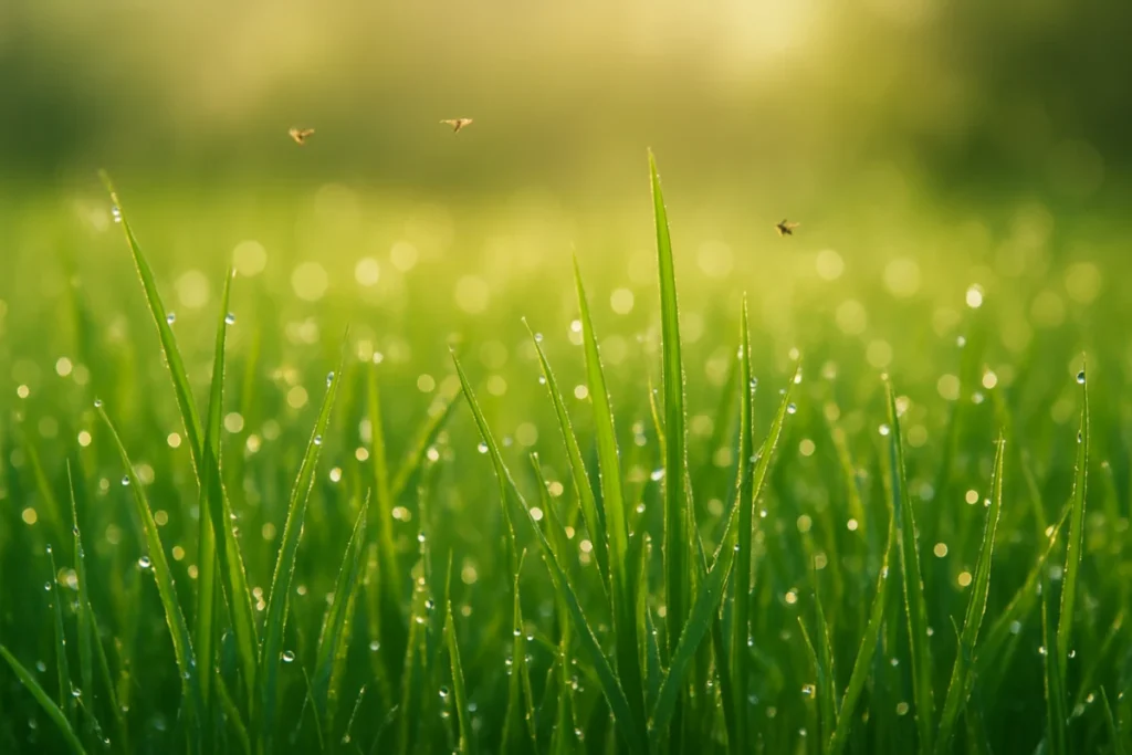 朝の草むらに光る朝露と小さな虫の羽音が感じられる風景