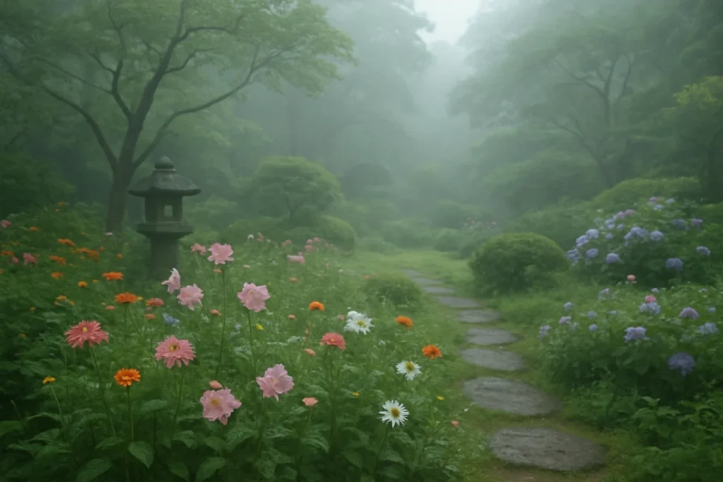 曇り空の朝に柔らかな光が差す庭の花々