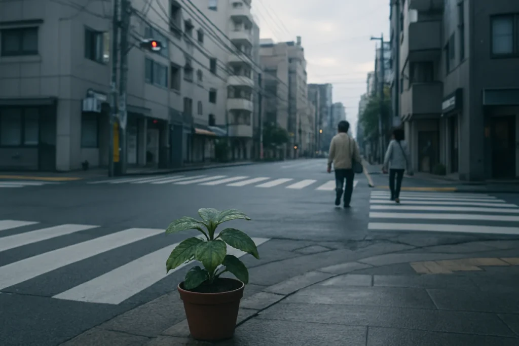 東京の交差点の歩道に置かれた小さな鉢植えと曇り空の朝の光景