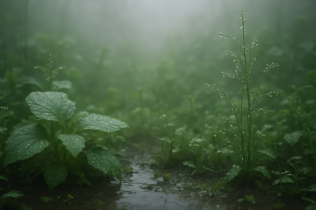 朝の薄霧に包まれた緑の庭先のさまざまな植物と水滴のついた葉