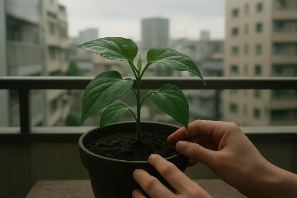 曇りの朝、鉢植えの土と葉先を手元で確かめる様子