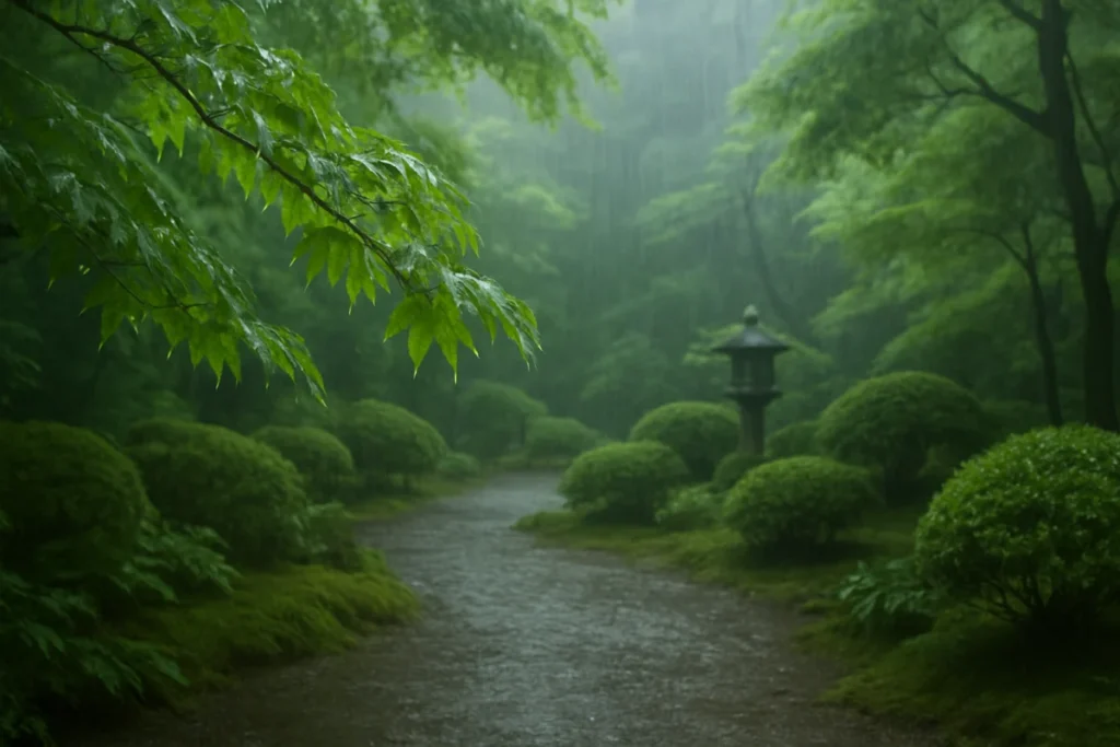 濡れた葉と静かな庭先の朝の光景