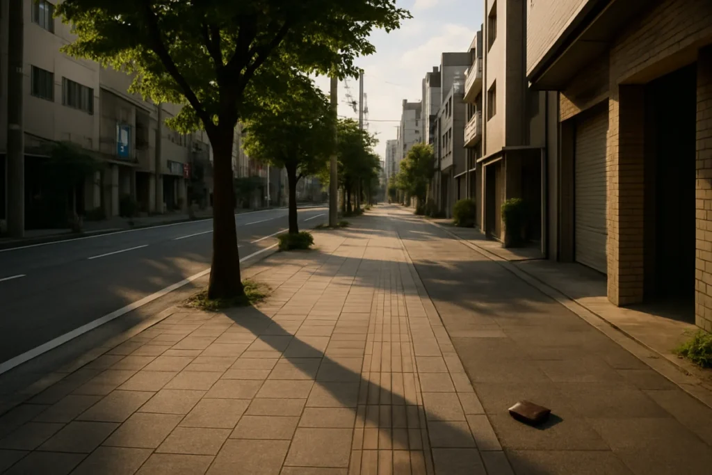 東京の朝の歩道に落ちる影と道端の忘れもの