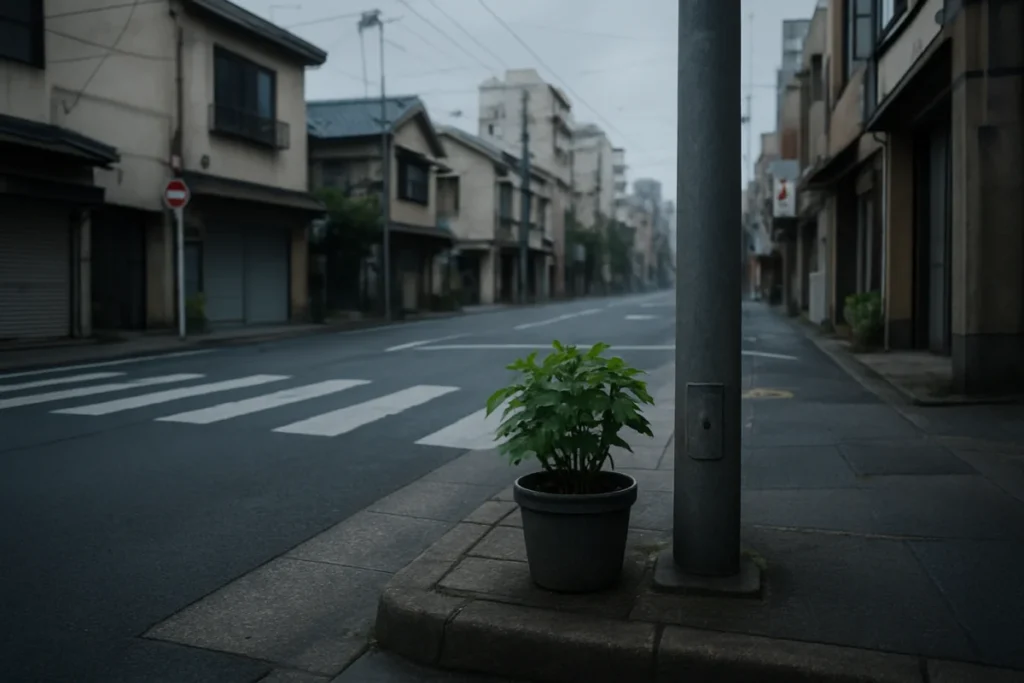 曇り空の東京の街角、街灯の下に置かれた小さな鉢植えと歩道の様子
