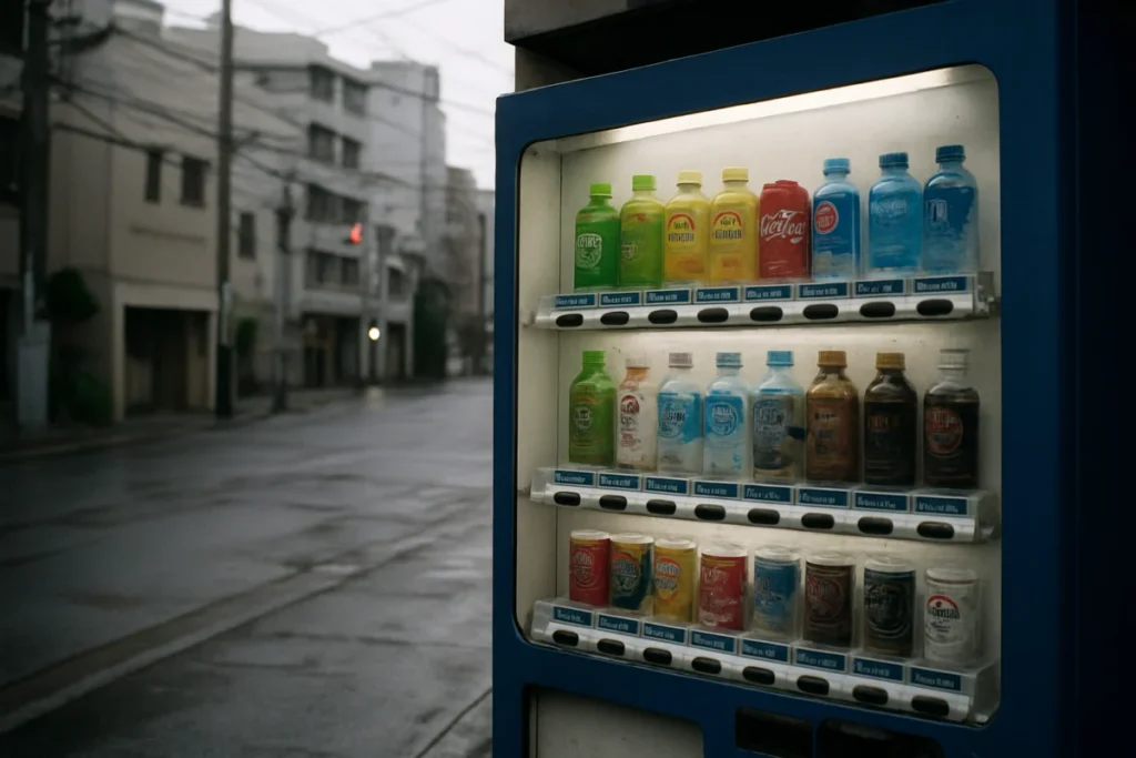 朝の街角にある自動販売機、曇り空の下で静かに光っている