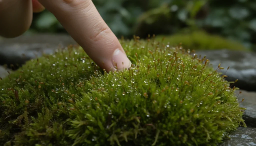 濡れた苔を指でなぞる様子