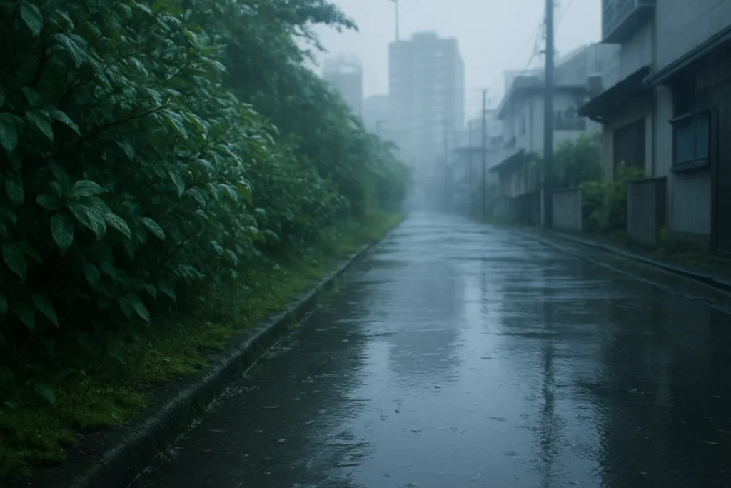 薄い霧雨の午前、露を含んだ葉と水たまり、苔の床の上を静かに観察する視点
