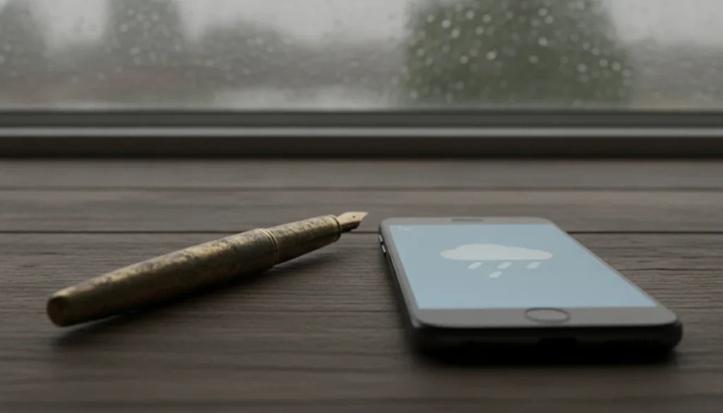 使い込まれた古いペンとスマートフォンの画面が並ぶデスク