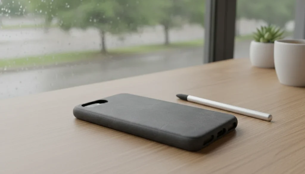 デスク上のフェイクレザースマホケースとペン
