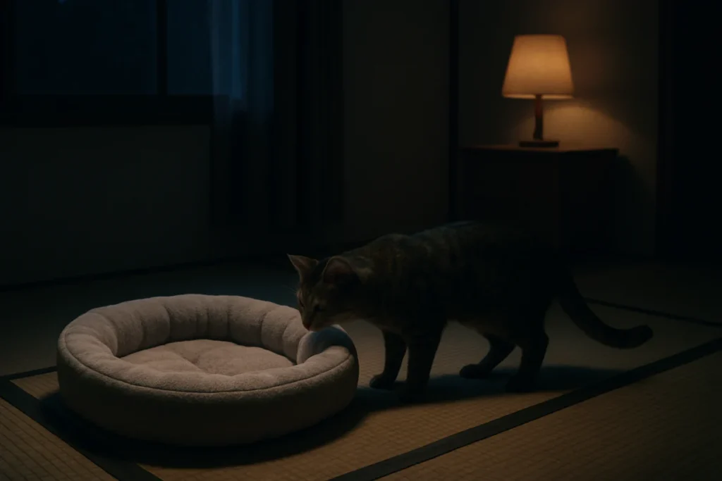 夜の薄暗い部屋で新しい寝具に触れる猫の様子