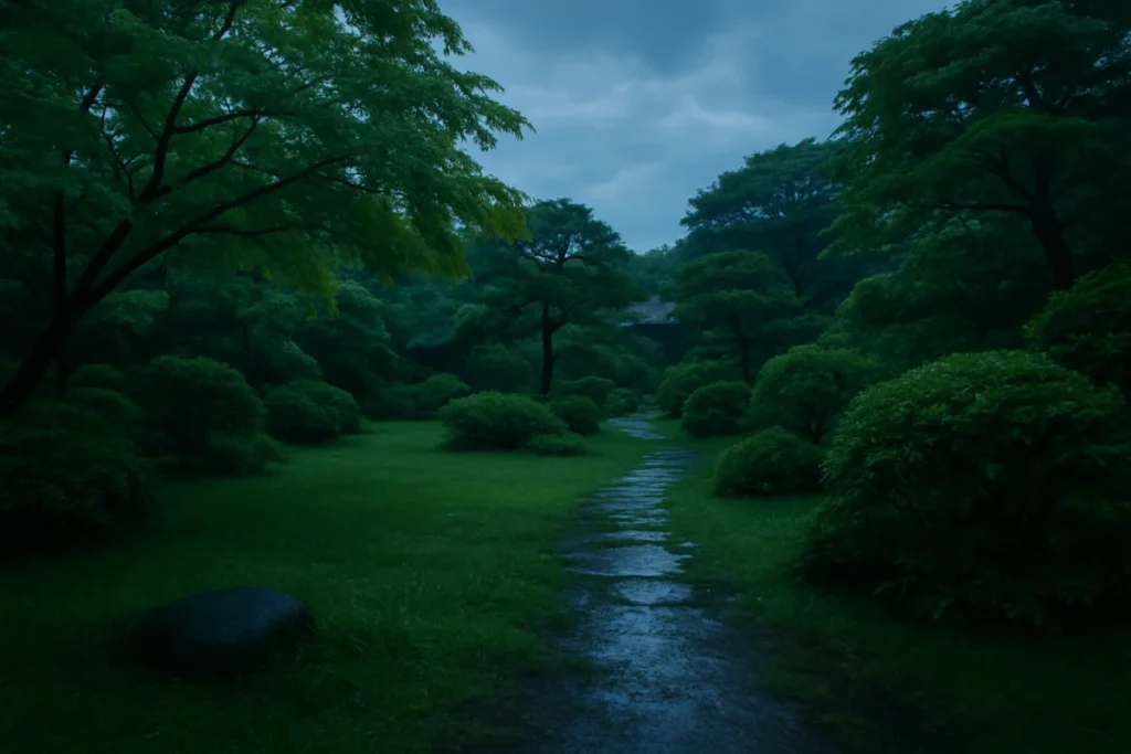 夜の庭に湿った草と静かな空気が漂う様子