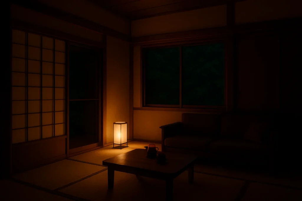 夜の日本家屋の窓辺にともる暖かな灯り
