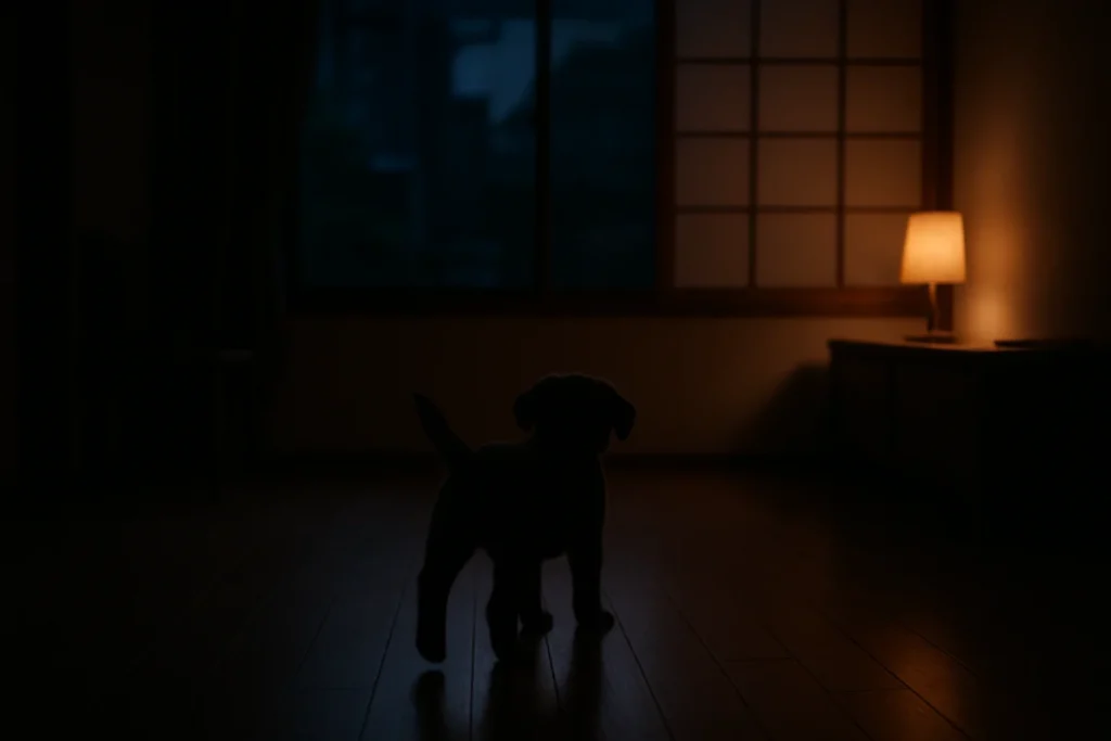 静かな夜に部屋の床を歩く子犬の後ろ姿
