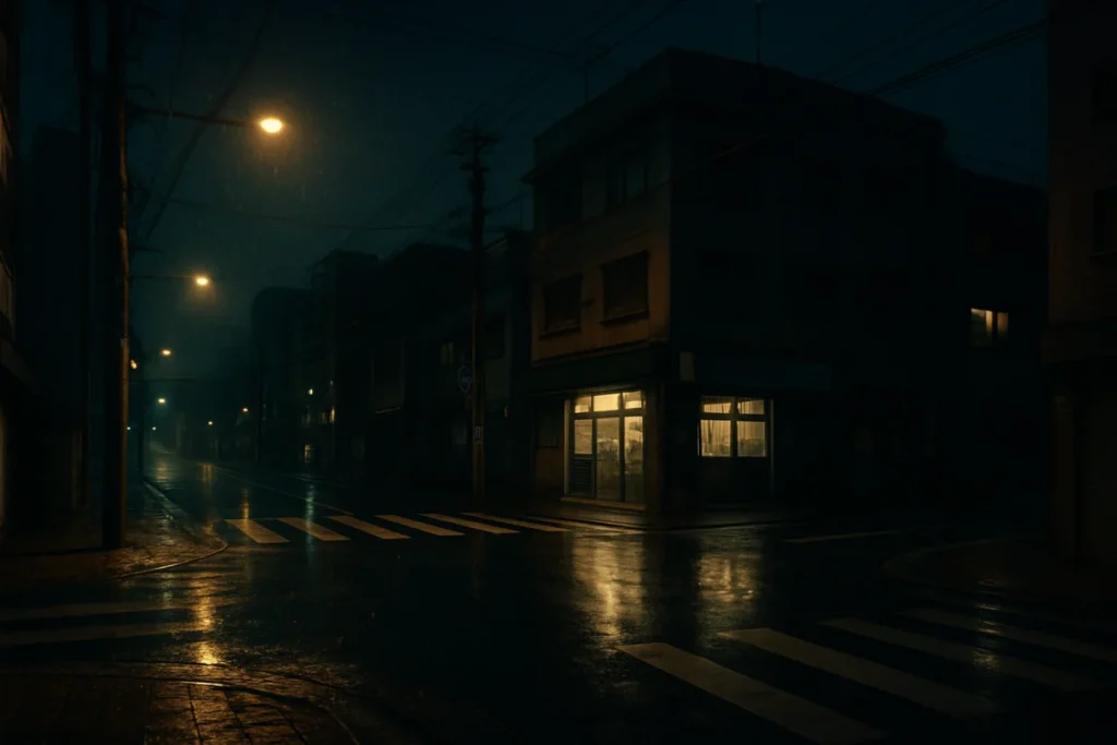 雨に濡れた夜の街角と灯りに照らされた濡れた舗道